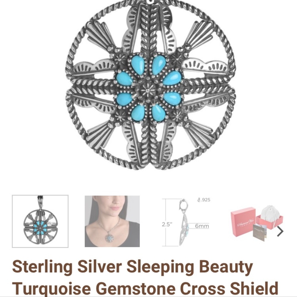 Sterling Silver Sleeping Beauty Turquoise Gemstone Cross Shield Pendant Enhancer